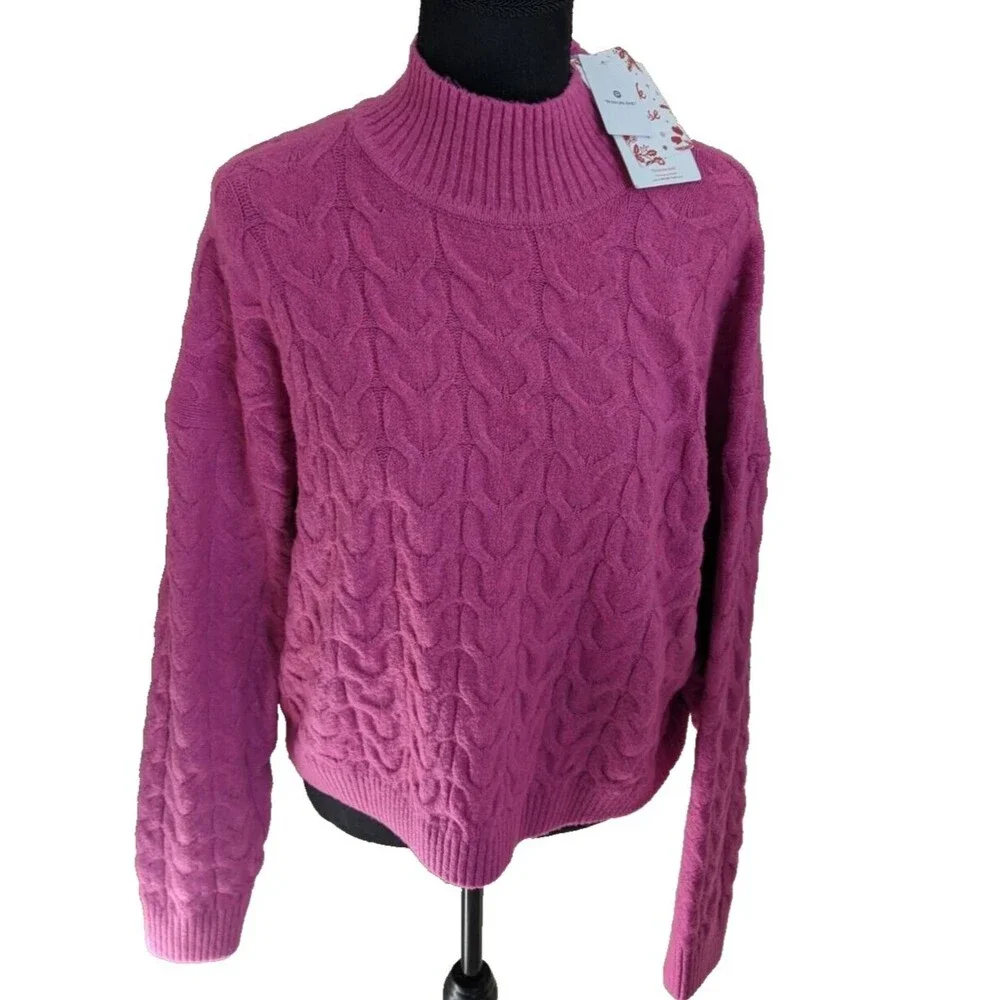 NWT Pink Rose Sweater Knit Fuschia Flame Casual Semi-Cropped Mock Neck Large